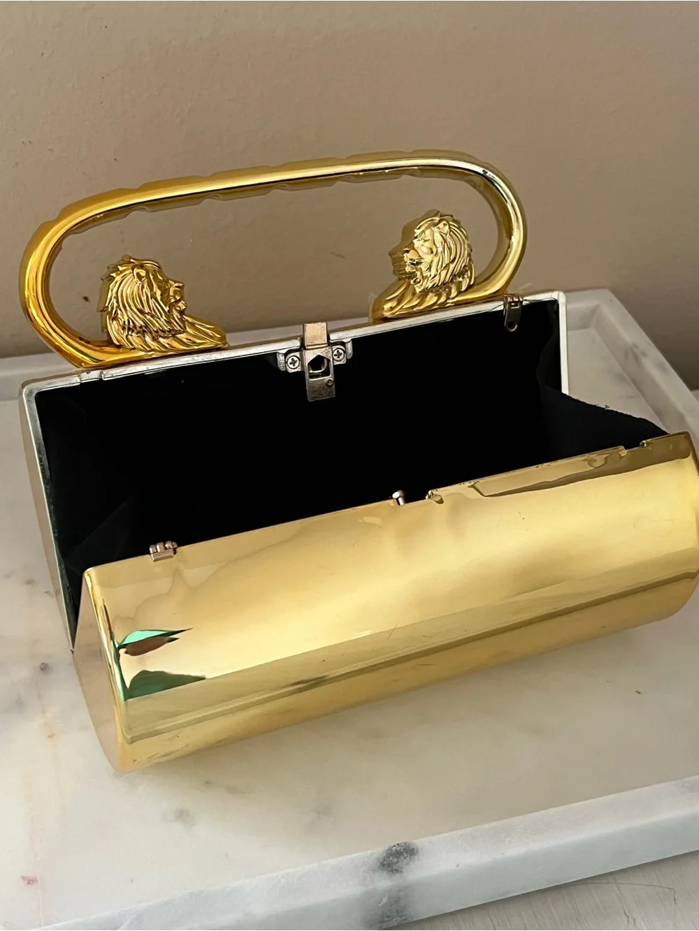 Gold Lion-Handle Cylindrical Minaudière Barrel Clutch